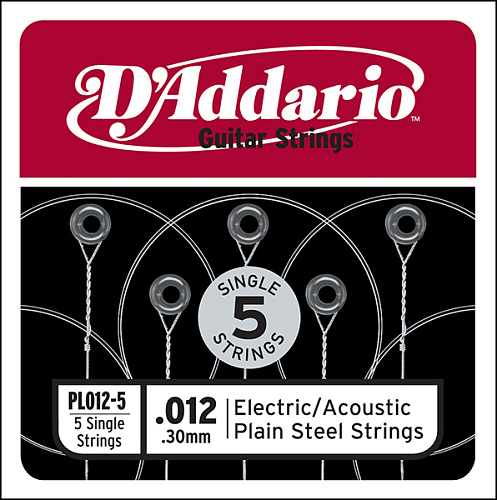 D'Addario PL012-5 Plain Steel Отдельная стальная струна без обмотки 012, 5 шт