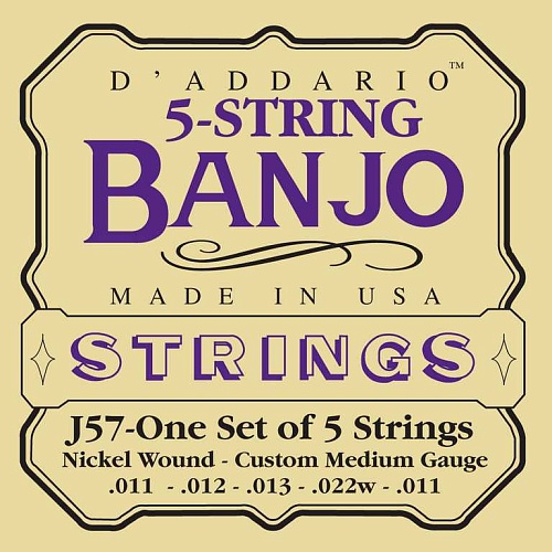D'Addario J57 Комплект струн для 5-струнного банджо, никель, Custom Medium, 11-22