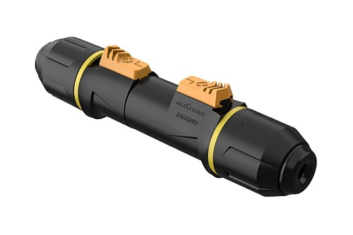 ROXTONE RAC3MWP yellow ring Разъем кабельный типа powercon, пыле и влагозащищенный (IP65), 3-х контактный, "male", черный с желтым кольцом