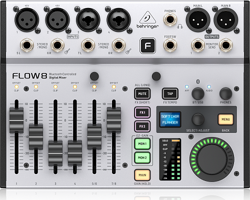 Behringer FLOW 8 Цифровой микшерный пульт, 4 TRS входа, 2 XLR входа, 2 XLR/TRS входа, USB порт