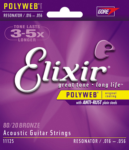 Elixir 11125 POLYWEB Комплект струн для акустической гитары, Resonator, бронза 80/20, 16-56