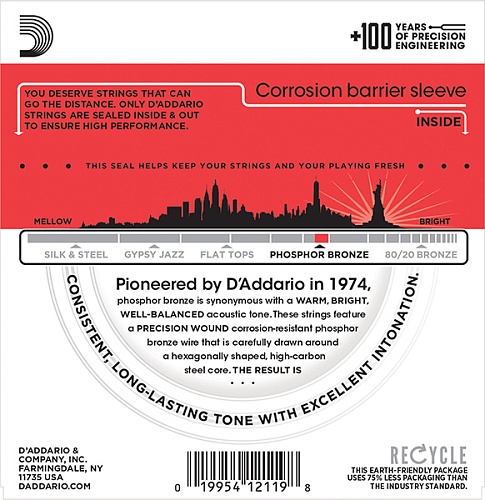 D'Addario EJ39 Phosphor Bronze Комплект струн для акустической 12-струнной гитары, Medium, 12-52