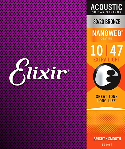 Elixir 11002 Nanoweb Комплект струн для акустической гитары, Extra Light, бронза 80/20, 10-47