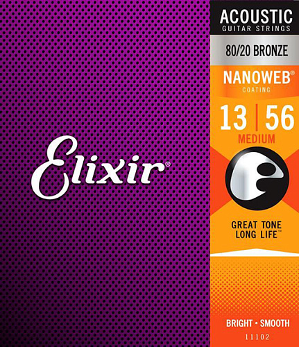 Elixir 11102 Nanoweb Комплект струн для акустической гитары, Medium, бронза 80/20, 13-56