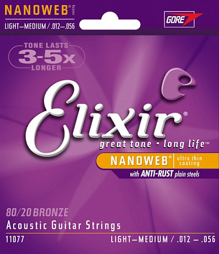 Elixir 11077 NANOWEB Комплект струн для акустической гитары, Light-Medium, бронза 80/20, 12-56