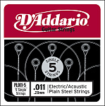 Фото:D'Addario PL011-5 Plain Steel Отдельная стальная струна без обмотки 011, 5 шт
