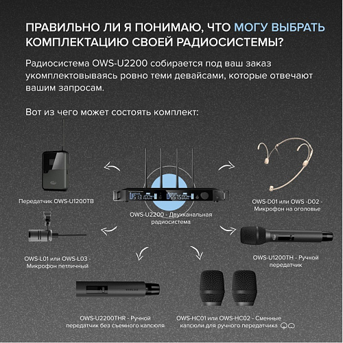 Октава OWS-U2200HD01L02-B Двухканальная радиосистема, ручной, головной, петличный микрофон