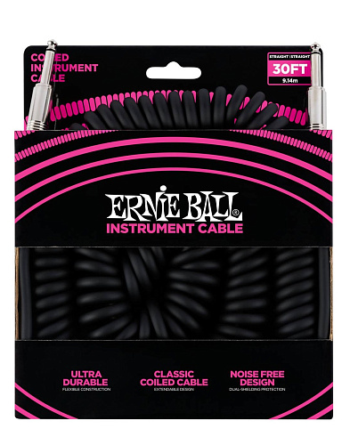 Ernie Ball 6044 Кабель инструментальный, витой с прямыми джеками, 9 метров, черный