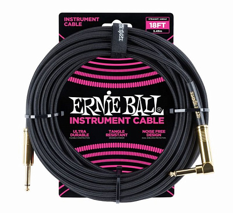 Ernie Ball 6086 Кабель инструментальный, оплетённый, 5,49 м, прямой/угловой джеки, чёрный
