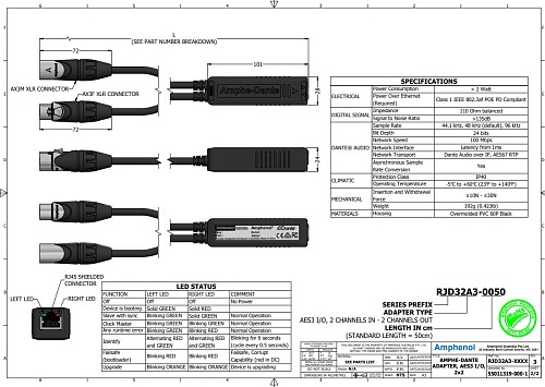 Amphenol RJD32A3-0050 адаптер-переходник из цифрового звукового сигнала AES3 (вход/выход) в Dante, 1xRJ45 на 2xXLR (папа-мама)