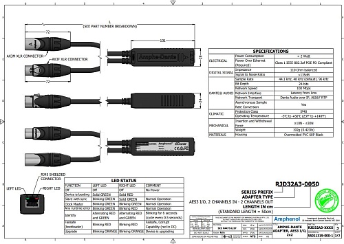 Amphenol RJD32A3-0050 -     AES3 (/)  Dante, 1xRJ45  2xXLR (-)