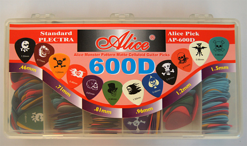 Alice AP-600D Коробка медиаторов 600шт, 6 толщин, рисунок "Rock"