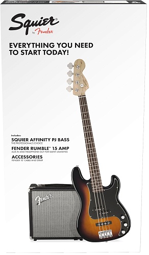 FENDER Squier Affinity Series Precision Bass PJ Pack, Laurel Fingerboard, Brown Sunburst, Gig Bag, Rumble 15 - 230V EU : - () +  15 + 
