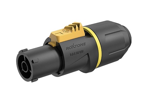 Roxtone RAC3FWP yellow ring Разъем кабельный типа powercon, пыле и влаго защищенный (IP65), 3-х контактный, "female", черный с желтым кольцом