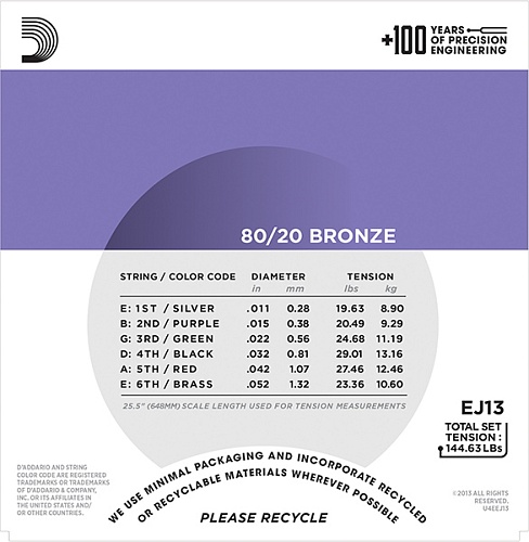 D'Addario EJ13 BRONZE 80/20 Струны для акустической гитары, 11-52