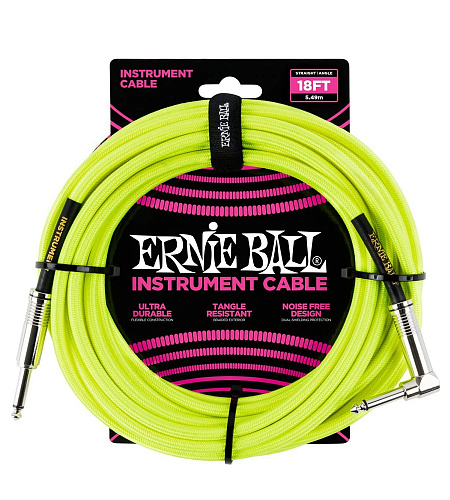 Ernie Ball 6085 Кабель инструментальный, оплетёный, 5,49 м, прямой/угловой джеки, жёлтый неон