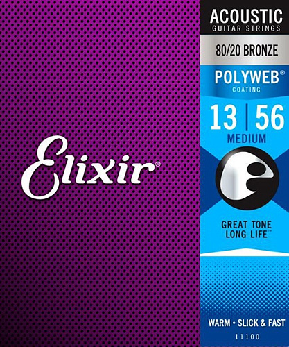 Elixir 11100 Polyweb Комплект струн для акустической гитары, Medium, бронза 80/20, 13-56