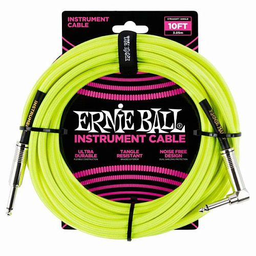 Ernie Ball 6080 Кабель инструментальный, оплетённый, 3,05 м, прямой/угловой джеки, желтый неон