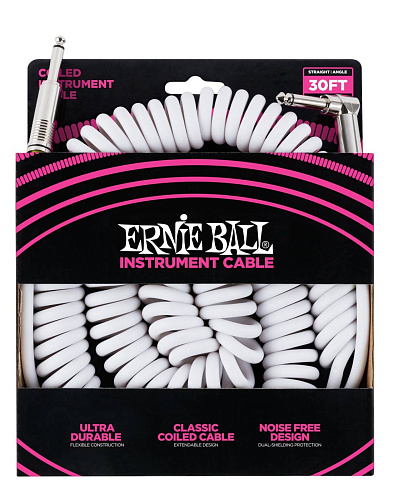 Ernie Ball 6045 Кабель инструментальный, витой, прямой - угловой джеки, 9 метров, белый