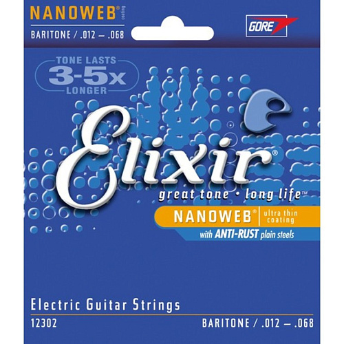 Elixir 12302 NANOWEB Комплект струн для электрогитары, Baritone, 12-68