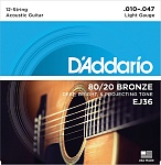 Фото:D'Addario EJ36 BRONZE 80/20 Струны для акустической 12-струнной гитары бронза 12-srt Light 10-47 D`Addario