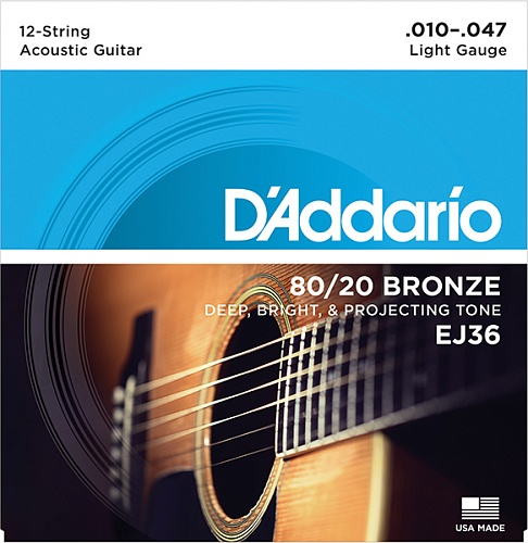 D'Addario EJ36 BRONZE 80/20 Струны для акустической 12-струнной гитары бронза 12-srt Light 10-47 D`Addario