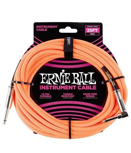 Ernie Ball 6067 Кабель инструментальный, прямой/угловой джеки, 7,62 м, цвет оранжевый неон