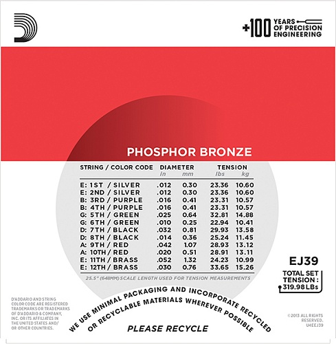 D'Addario EJ39 Phosphor Bronze Комплект струн для акустической 12-струнной гитары, Medium, 12-52