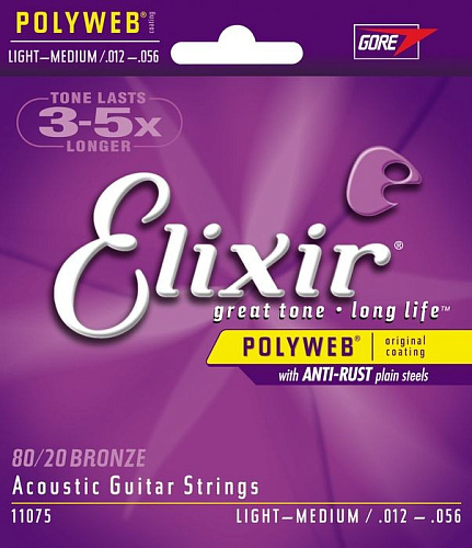 Elixir 11075 POLYWEB Комплект струн для акустической гитары, Light-Medium, бронза 80/20, 12-56