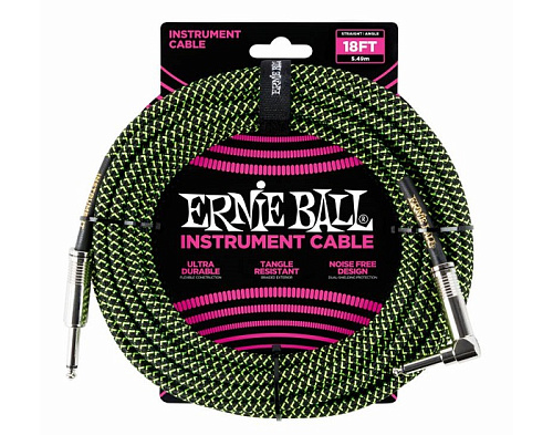 Ernie Ball 6082 Кабель инструментальный, оплетённый, 5,49 м, прямой/угловой джеки, чёрно-зелёный