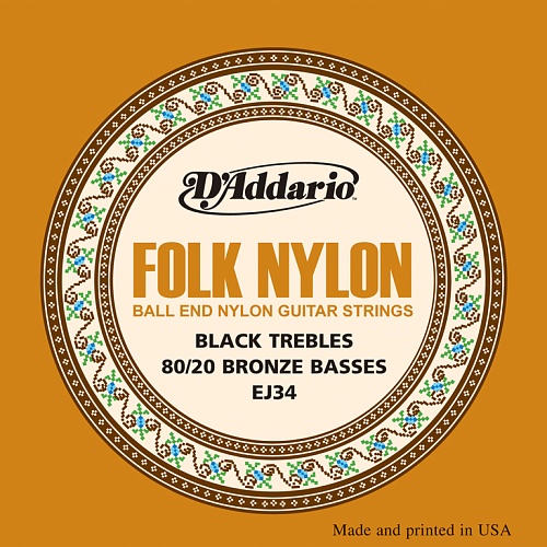 D'Addario EJ34 Folk Nylon Струны для фолк гитары, шарики на концах, 80/20 бронза/черный нейлон