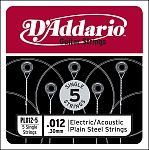 Фото:D'Addario PL012-5 Plain Steel Отдельная стальная струна без обмотки 012, 5 шт