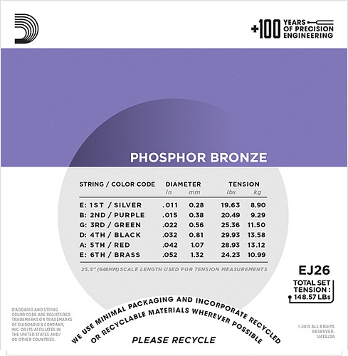 D'Addario EJ26 PHOSPHOR BRONZE Струны для акустической гитары, 11-52
