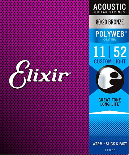 Elixir 11025 Polyweb Комплект струн для акустической гитары, Custom Light, бронза 80/20, 11-52