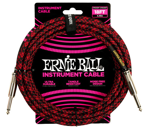 Ernie Ball 6396 Инструментальный кабель в тканевой оплетке, Jack-Jack прямой, 5,49 м, черный с красным