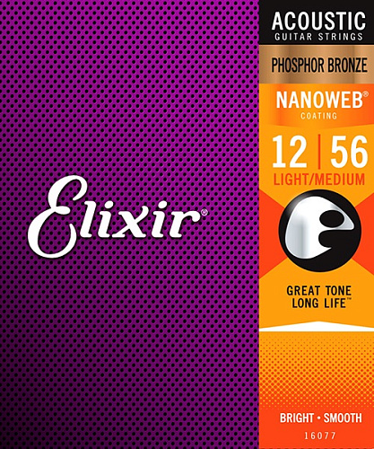 Elixir 16077 NANOWEB Комплект струн для акустической гитары, 12-56