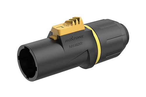 ROXTONE RAC3MWP yellow ring Разъем кабельный типа powercon, пыле и влагозащищенный (IP65), 3-х контактный, "male", черный с желтым кольцом