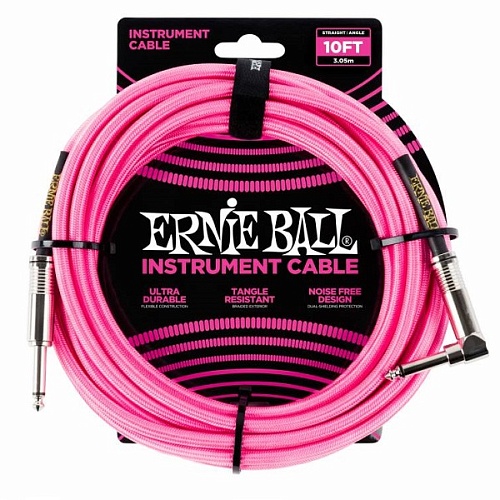Ernie Ball 6078 Кабель инструментальный, оплетённый, 3,05 м, прямой/угловой джеки, розовый неон