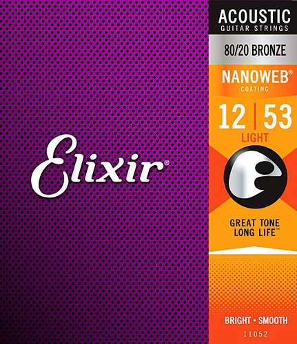Elixir 11052 Nanoweb Комплект струн для акустической гитары, Light, бронза 80/20, 12-53