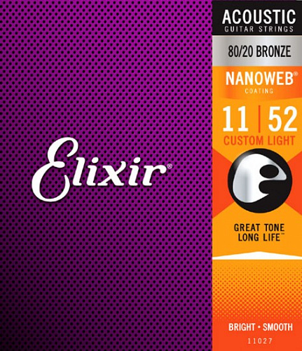 Elixir 11027 Nanoweb Комплект струн для акустической гитары, Custom Light, бронза 80/20, 11-52